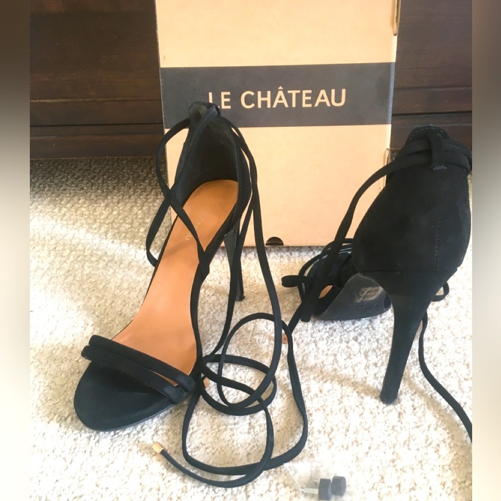 Le Chateau Black Strappy Tie Up Ankle Wrap Open Toe Stiletto Heels 7